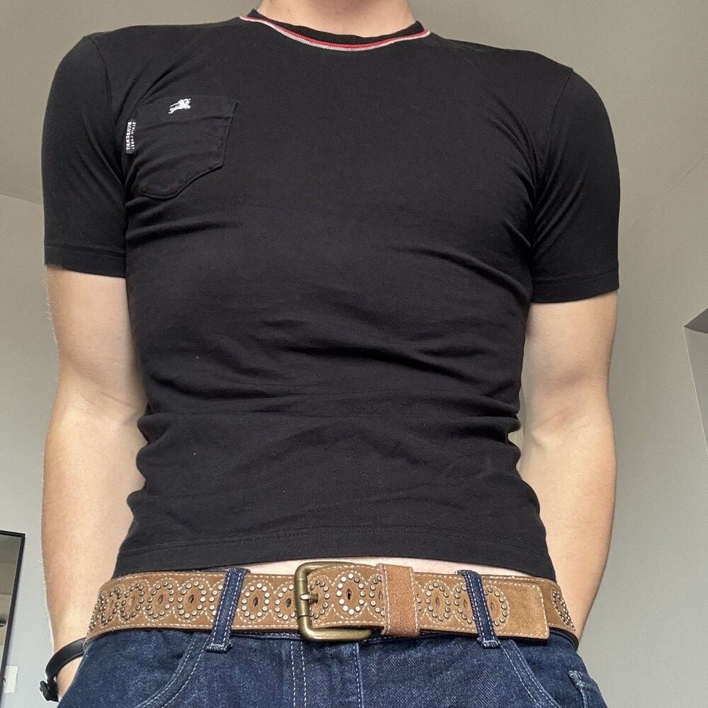 Men's Burberry Pocket T-Shirt Black Red Collar Detail 100% Cotton Sz 2
